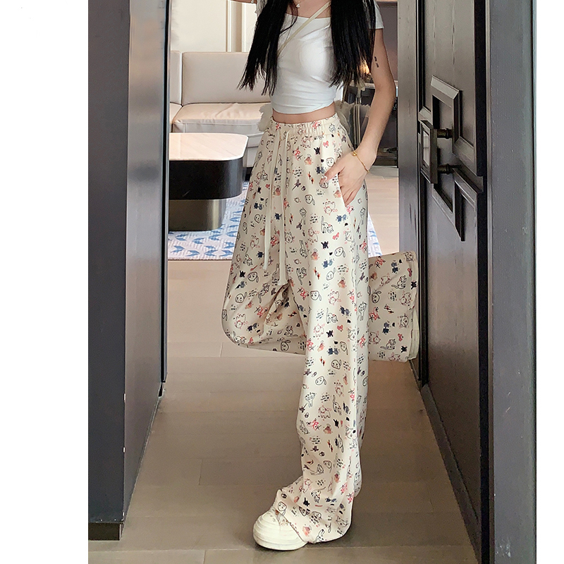 Cute cat print casual pants for women summer new high waist slimming lazy drape floor mopping pants