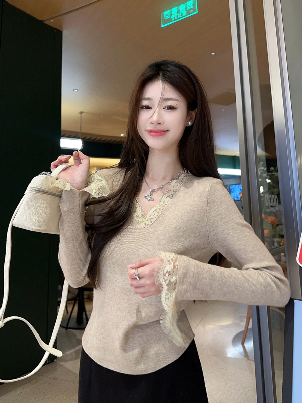 Pure lust style V-neck lace long-sleeved sweater for women autumn and winter temperament slim bottoming shirt with inner top