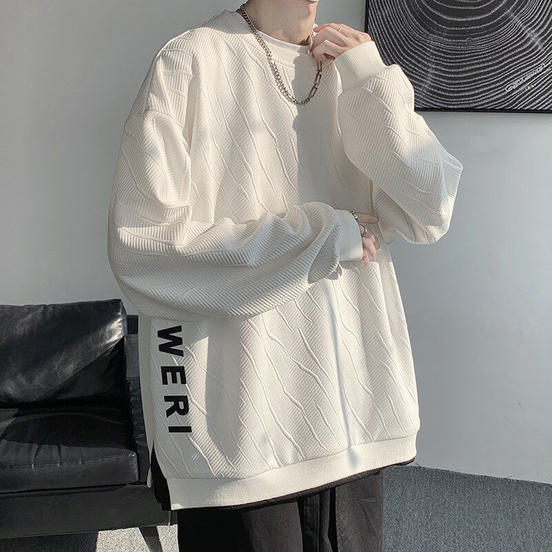 Large size loose fake two piece round neck sweatshirt men's spring casual Hong Kong style American top