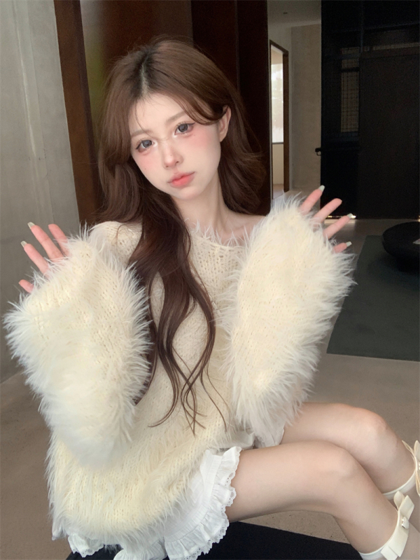 Desirable lace white cake skirt + lazy style fufu mink velvet top
