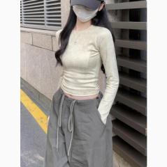 American retro spring and summer new style knitted slim raglan fishbone slim design pure cotton long-sleeved T-shirt tops for women