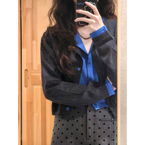 Retro fake two-piece contrasting color T-shirt cardigan for women early autumn new casual short top