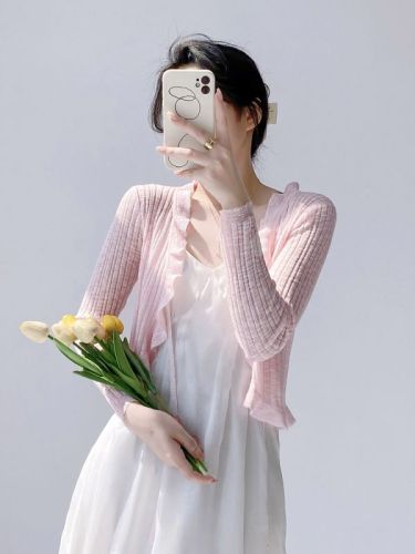 Sun protection knitted cardigan women's thin outer air-conditioning blouse summer shawl ice silk waistcoat fairy jacket