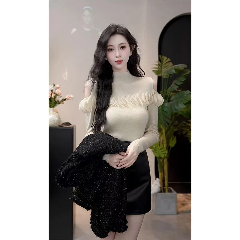 Temperament age-reducing off-shoulder mesh lace sweater for women