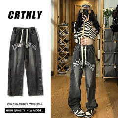 Recommended letter printed straight plus size jeans American high street style floor mopping pants