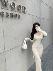 Knitted long-sleeved waist tie v-neck bottoming dress