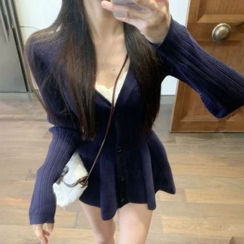 Pure lust style V-neck long-sleeved knitted dress slim-fitting short skirt single-breasted waist A-line skirt