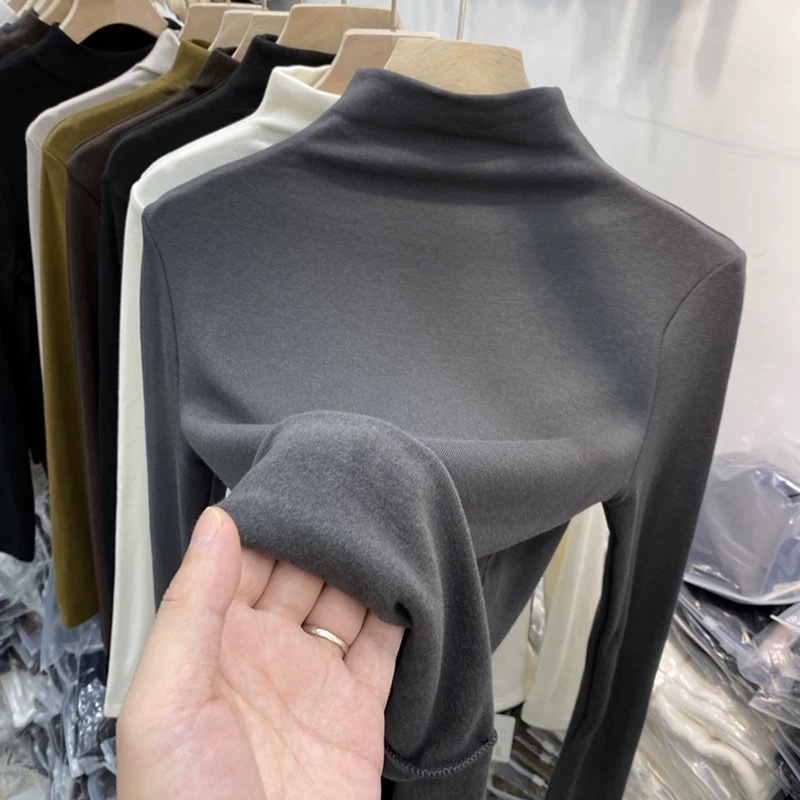150 small German velvet half turtleneck bottoming shirt for women in autumn and winter with tight T-shirt brushed plus velvet long-sleeved top