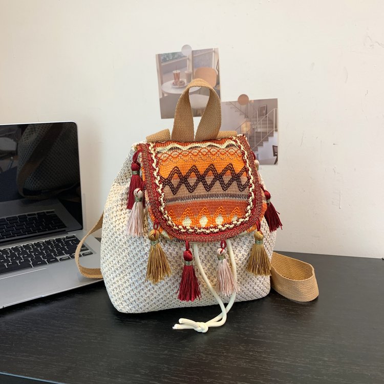 [Straw Bag] Ethnic Style New Trendy Retro Tassel Ethnic Bag Women’s Contrast Color Handbag Backpack
