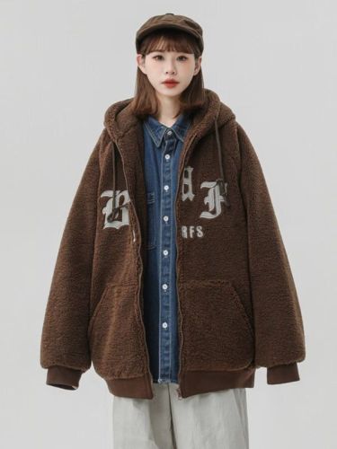 Autumn and winter new lamb velvet hooded jacket for women fat mm student large size loose casual plus velvet thickened top jacket