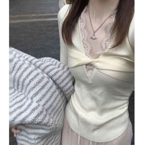 Pure lust style lace splicing twist women's autumn and winter new chic slimming long-sleeved top