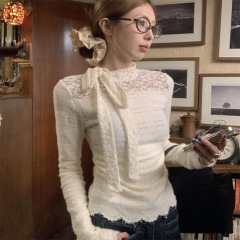 Original quality and good feel cloth Korean lace long-sleeved T-shirt for women autumn bow tie bottoming shirt top