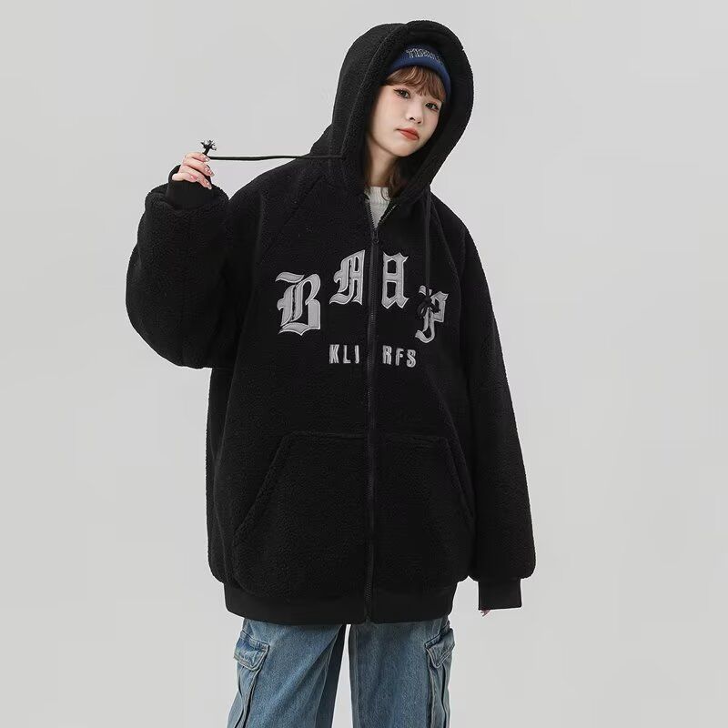 Autumn and winter new lamb velvet hooded jacket for women fat mm student large size loose casual plus velvet thickened top jacket