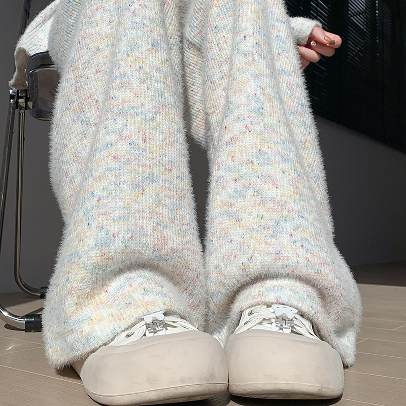 Official Photo Rainbow Jacquard Autumn 2024 New High Waist Soft Waxy Casual Knitted Wide Leg Pants