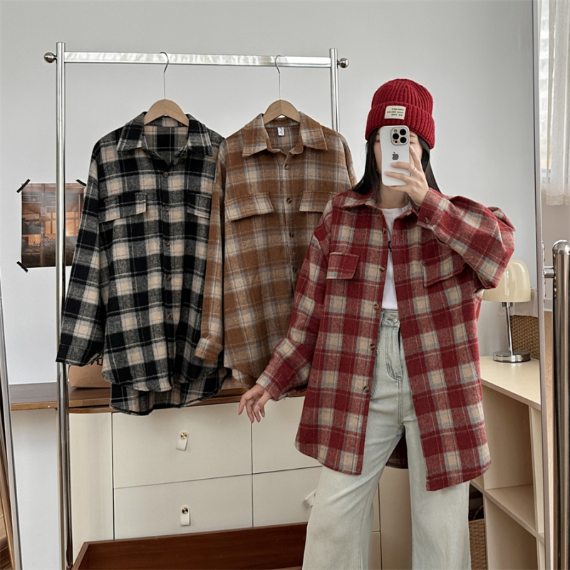 Maillard plaid shirt women's autumn thickened casual shirt slimming mid-length woolen top
