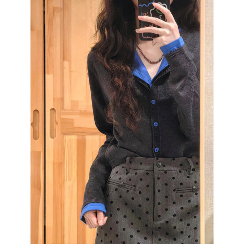 Retro fake two-piece contrasting color T-shirt cardigan for women early autumn new casual short top