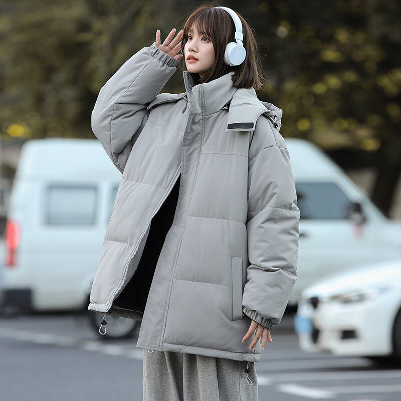 Unisex style long cotton-padded jacket for men, loose hooded thickened cotton-padded jacket