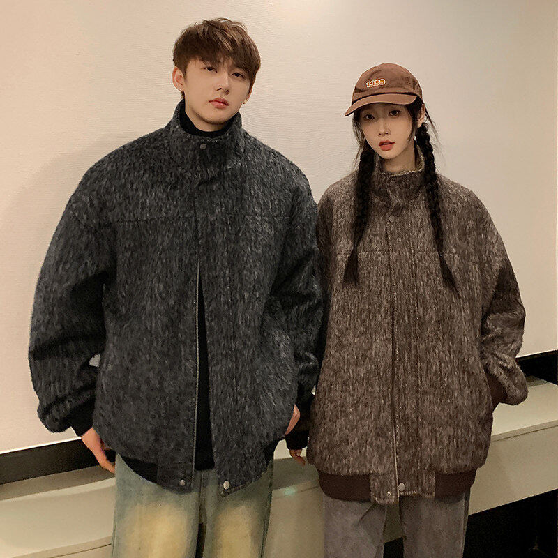 Winter woolen coat Hong Kong style couple style retro quilted jacket for men and women