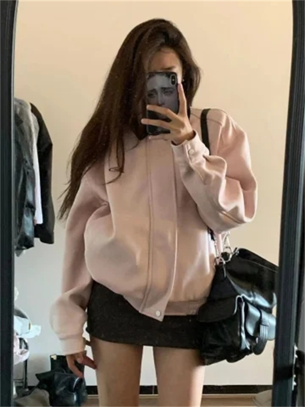 Korean style autumn and winter pink baseball jacket women's American street loose short suede lapel flight jacket