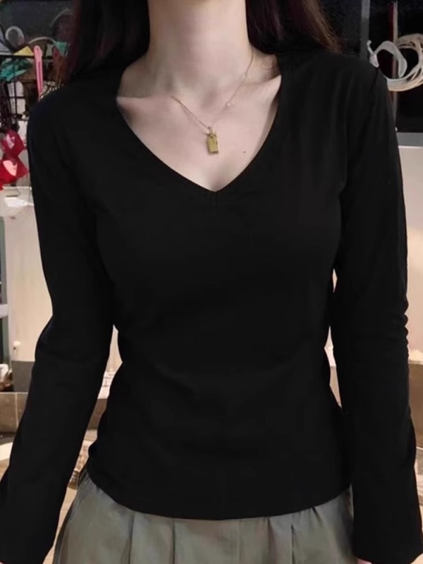 High quality pure cotton 220g 40 count smooth food wool 92 cotton 8 spandex slim fit V-neck long-sleeved T-shirt for women