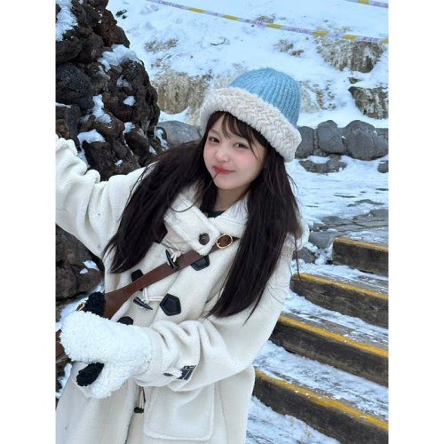 Lamb hair horn button coat for women winter mid-length retro loose gentle style velvet thickened coat