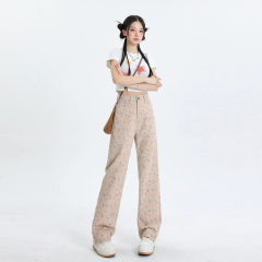 Fresh Retro Small Floral Casual Jeans Women's High Waist Slim Loose Straight Wide Leg Floor-Mopping Pants