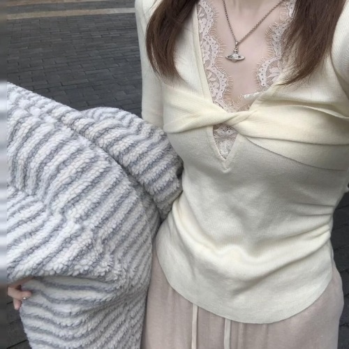 Pure lust style lace splicing twist women's autumn and winter new chic slimming long-sleeved top