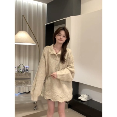 Sweet niche three-dimensional flower lapel long-sleeved sweater for women 2024 new autumn bottoms loose top