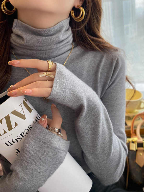 Turtleneck bottoming shirt for women autumn and winter 2024 new high-end sweater with stacked collar knitted long-sleeved gray top