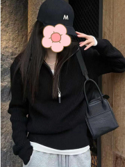 Niche style pitted half-turtleneck sweater sweater 2024 autumn and winter lazy style loose zipper inner top for women