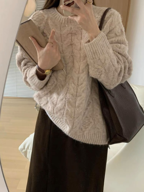 Twist pullover sweater for women 2024 new autumn and winter Korean version soft and waxy lazy style loose thickened knitted top