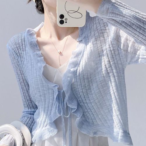 Sun protection knitted cardigan women's thin outer air-conditioning blouse summer shawl ice silk waistcoat fairy jacket