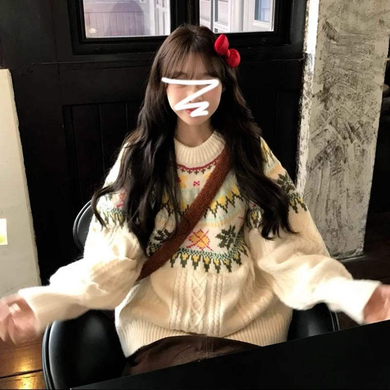 Fair Isle round neck pullover sweater for women autumn and winter 2024 new style lazy style high-end thickened loose knitted top
