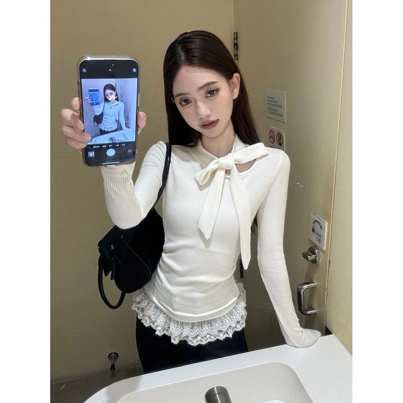 Comfortable Velvet Original Method Bow T-shirt Women's Autumn Versatile Lace Spliced ​​Hem Top