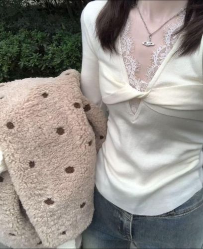 Pure lust style lace splicing twist women's autumn and winter new chic slimming long-sleeved top