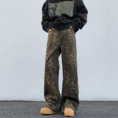 American ins high street niche personality leopard print straight jeans