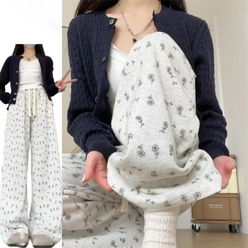 2024 Spring and Summer Youth Casual Sports Pants Full Print Straight Leg Pants Women's Trendy Loose Draping Versatile