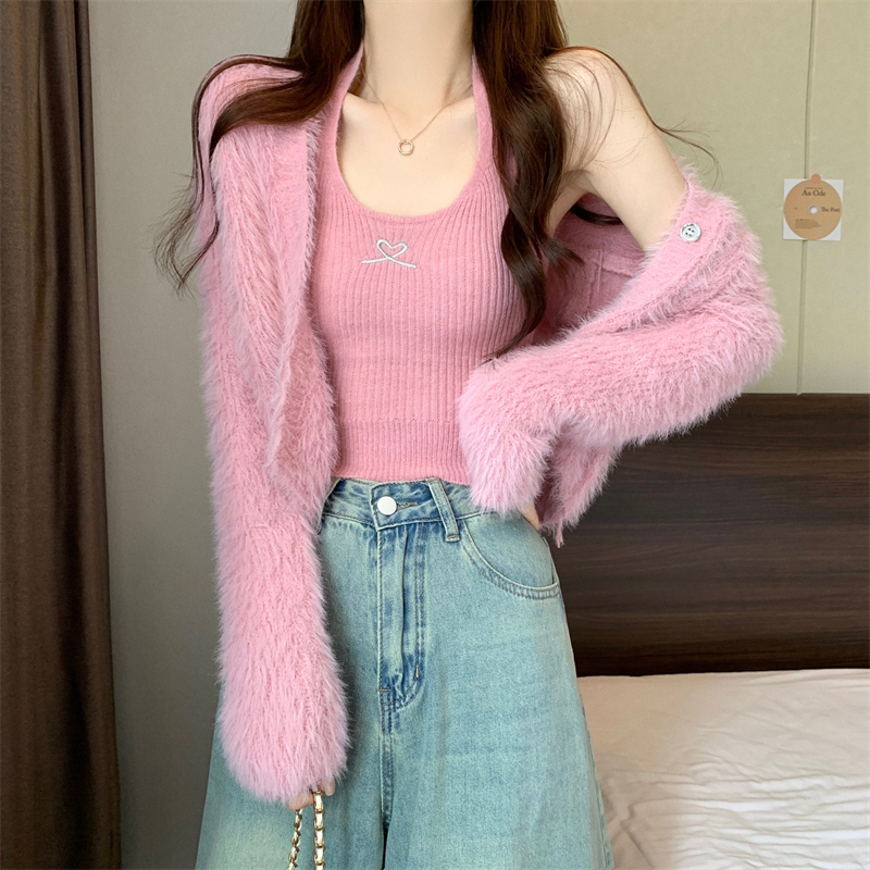 New version of Korean style design soft mink velvet cardigan jacket + inner vest set