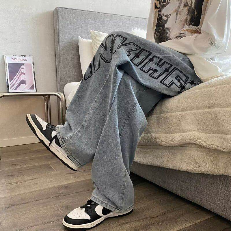 American street letter graffiti jeans for men and women oversize loose straight wide leg pants trendy