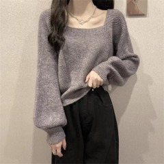 Sweater women's autumn and winter design niche temperament square neck leaking clavicle lantern sleeve bottoming sweater top trendy