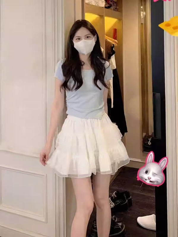 Ballet style fairy mesh tutu skirt white cake skirt women summer high waist slim A-line skirt short skirt