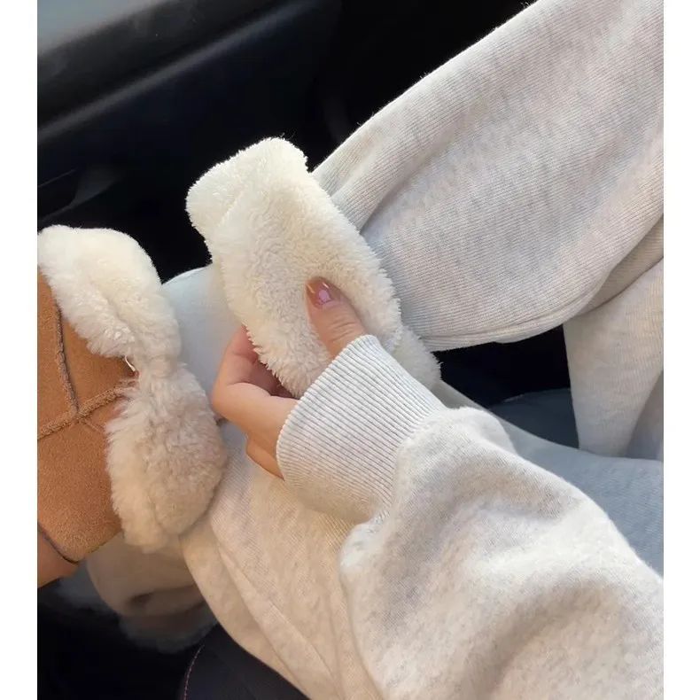 Lambskin sweatpants women's autumn and winter new style plus velvet thickened pants warm cotton pants casual pants gray leggings sweatpants