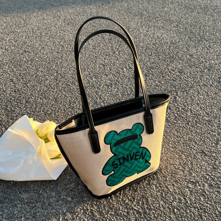 Bear Print Canvas Bag Women's 2024 High-Looking Fashion Shoulder Bag Versatile High-Quality Texture Bucket Bag
