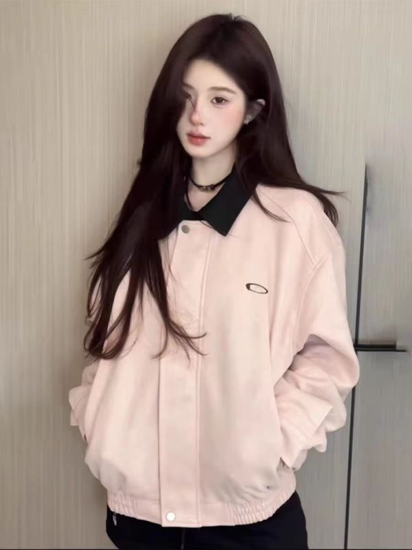 Korean style autumn and winter pink baseball jacket women's American street loose short suede lapel flight jacket
