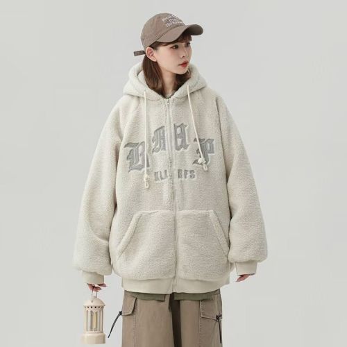 Autumn and winter new lamb velvet hooded jacket for women fat mm student large size loose casual plus velvet thickened top jacket