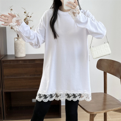 Ins patchwork lace round neck long-sleeved T-shirt Fashionable white T loose lace top