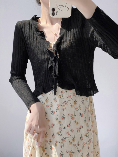 Sun protection knitted cardigan women's thin outer air-conditioning blouse summer shawl ice silk waistcoat fairy jacket