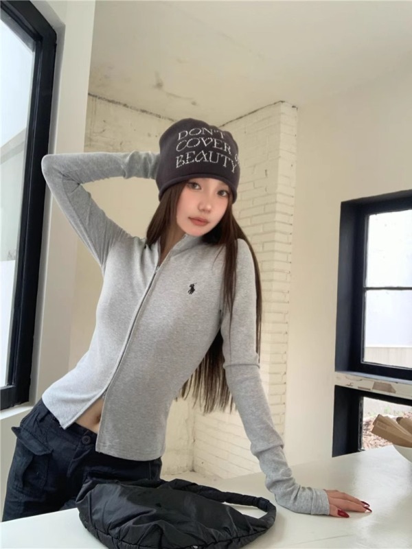 Rayon 2*2 Double Zipper Stand Collar Long Sleeve T-Shirt Women's Slim Fit Embroidered Cardigan