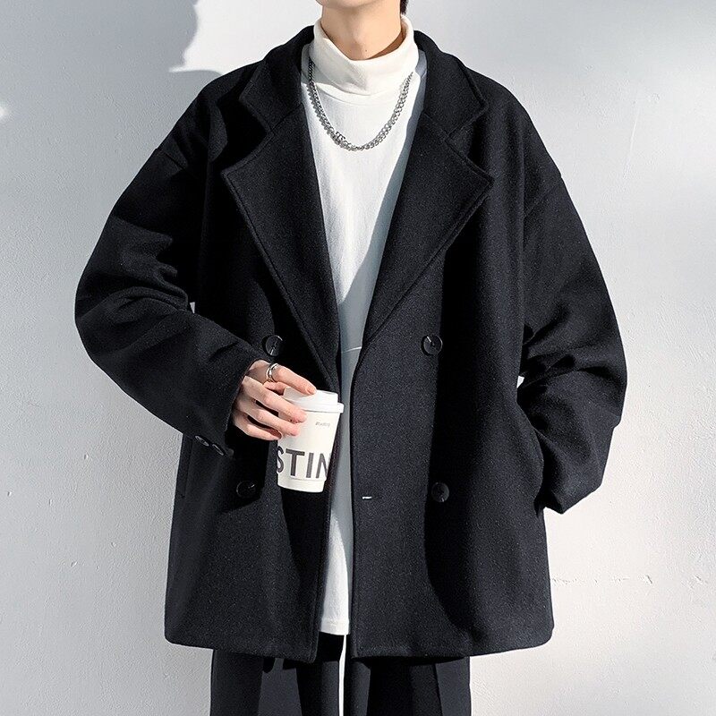 Hong Kong style trendy double-breasted woolen suit collar jacket men's woolen material coat
