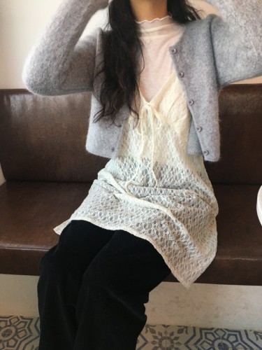 Korean chic winter style lace strap layered vest suspender dress